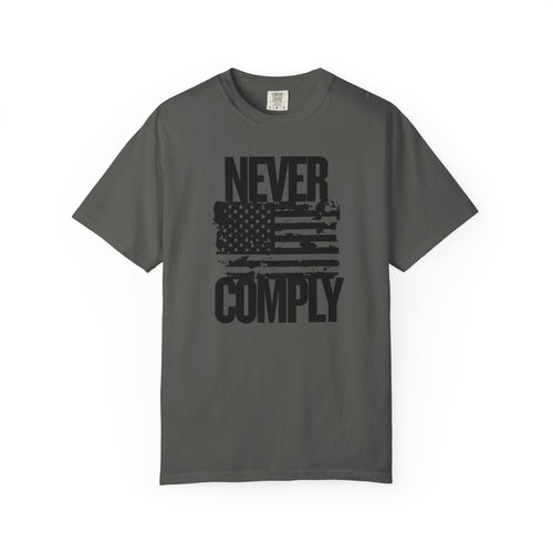 Never Comply T-Shirt — Distressed American Flag Graphic Tee