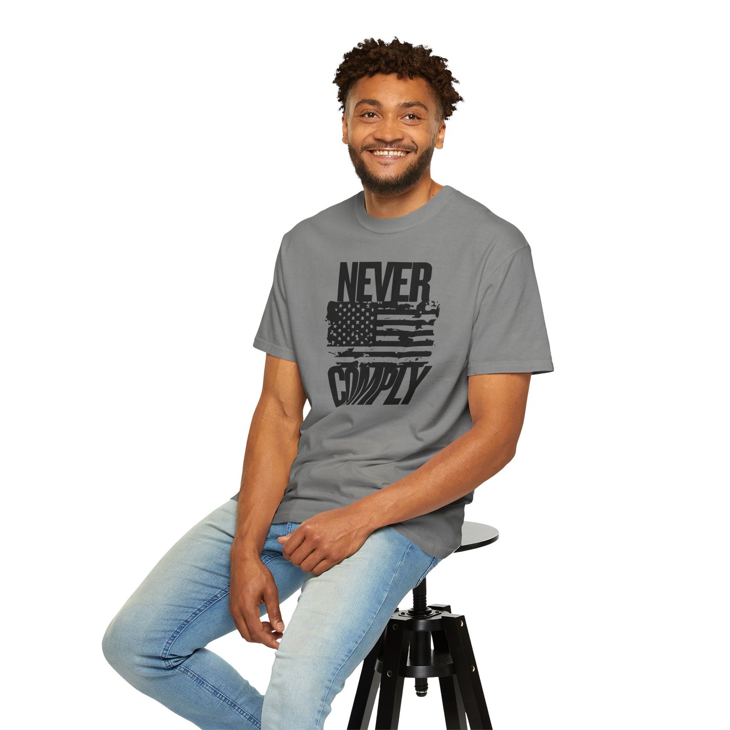 Never Comply T-Shirt — Distressed American Flag Graphic Tee