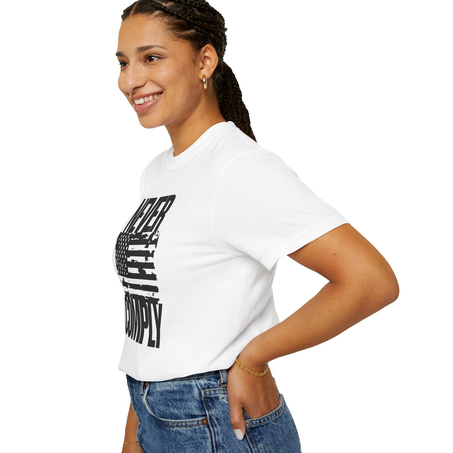 Never Comply T-Shirt — Distressed American Flag Graphic Tee