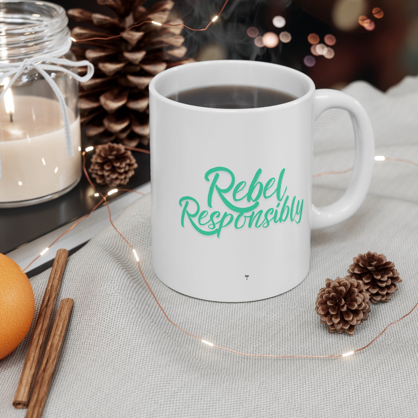 Patriotic Rebel Responsibly 11oz Mug — Teal Script Coffee Cup