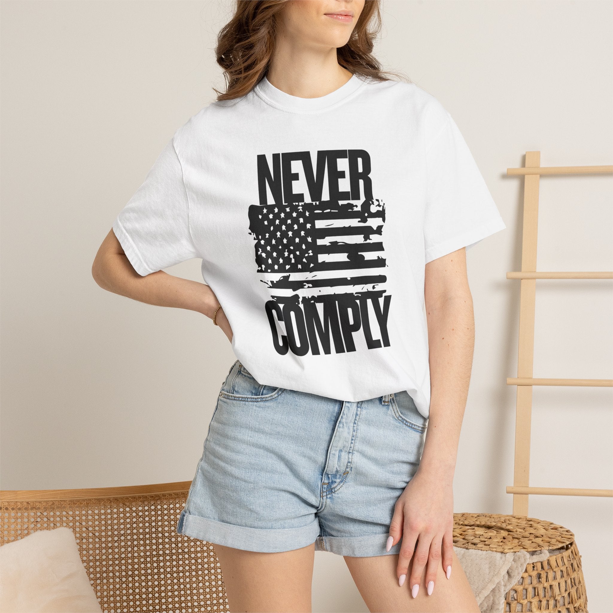 Never Comply T-Shirt — Distressed American Flag Graphic Tee
