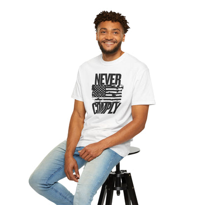Never Comply T-Shirt — Distressed American Flag Graphic Tee