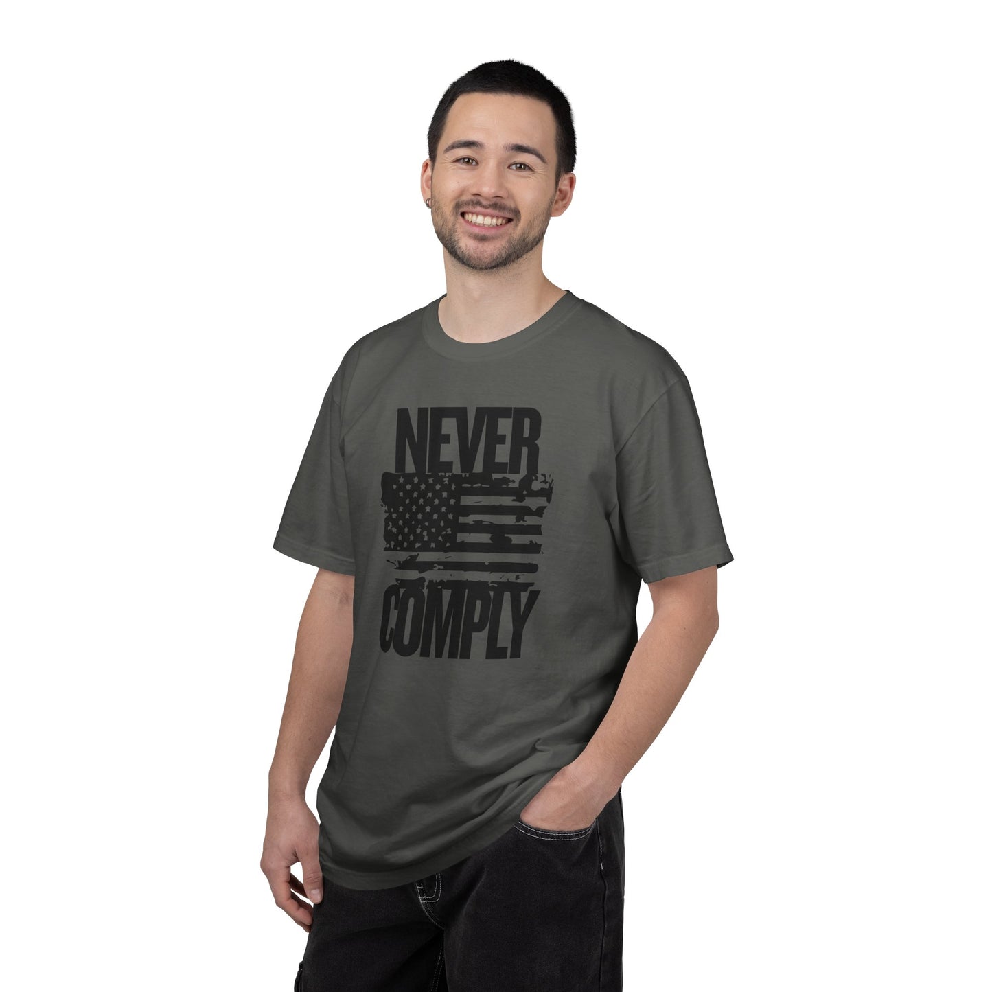 Never Comply T-Shirt — Distressed American Flag Graphic Tee