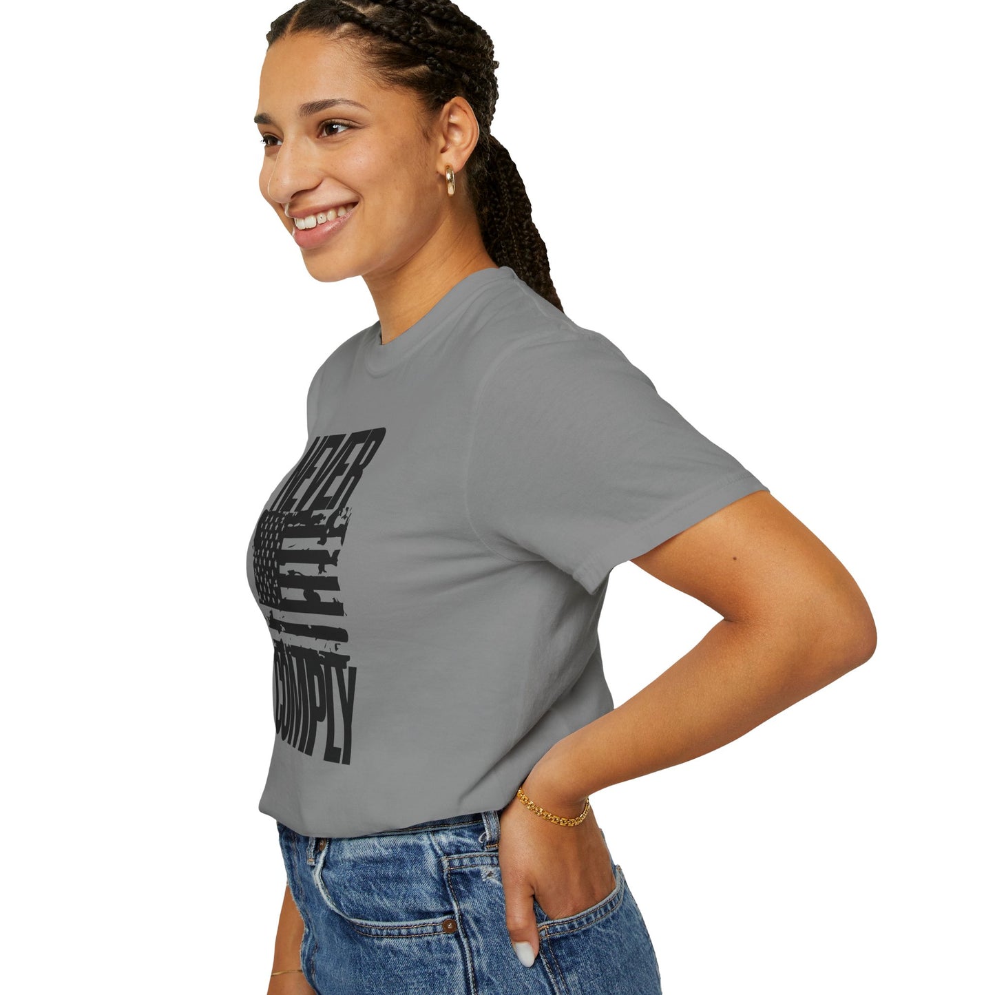 Never Comply T-Shirt — Distressed American Flag Graphic Tee