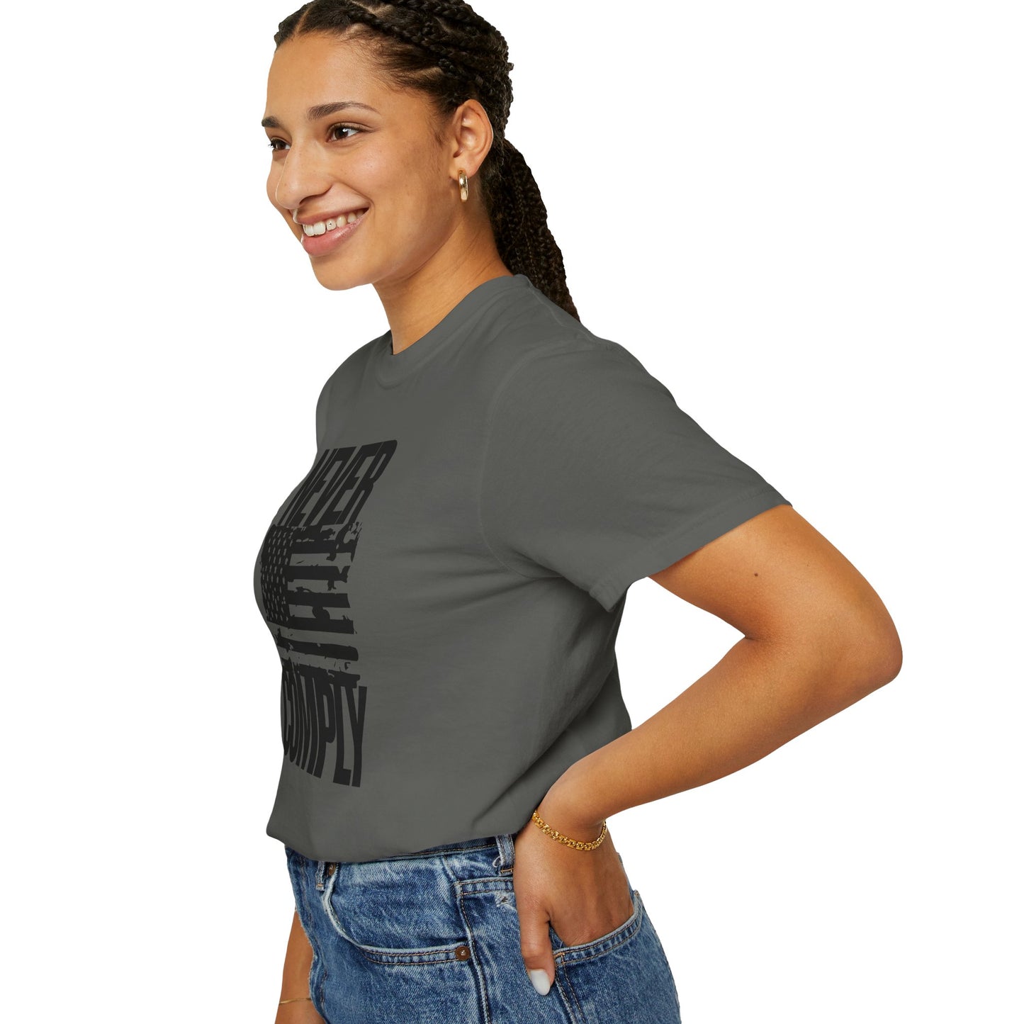 Never Comply T-Shirt — Distressed American Flag Graphic Tee