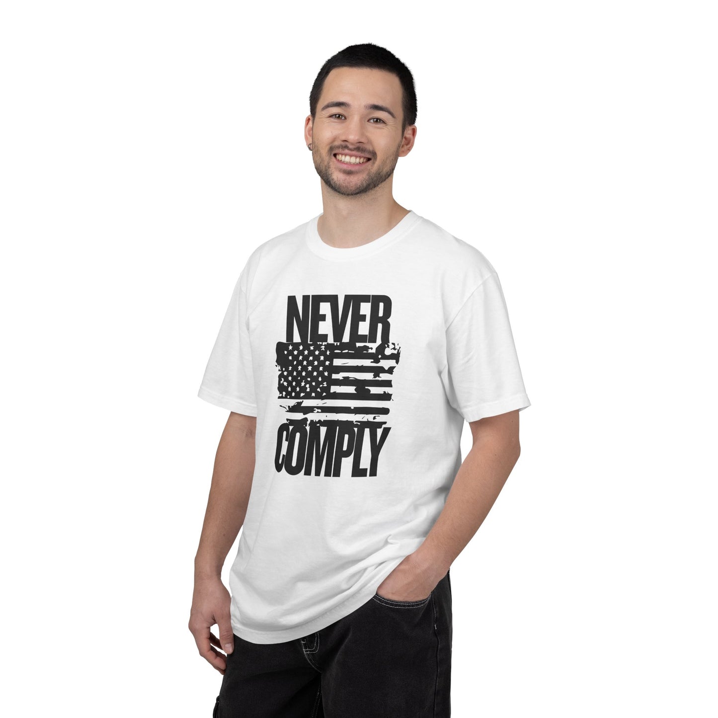 Never Comply T-Shirt — Distressed American Flag Graphic Tee