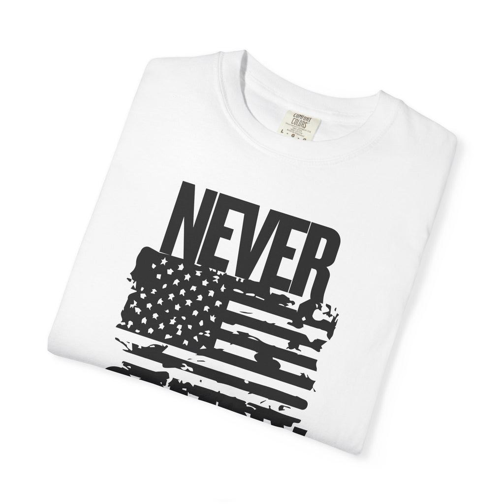 Never Comply T-Shirt — Distressed American Flag Graphic Tee