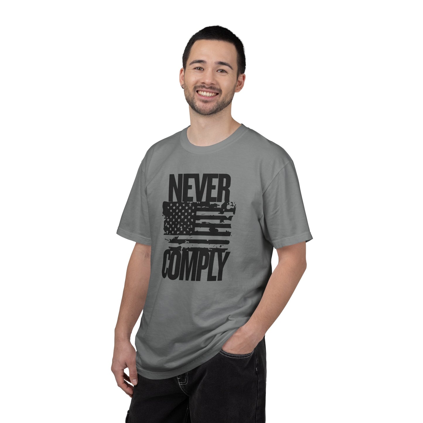 Never Comply T-Shirt — Distressed American Flag Graphic Tee