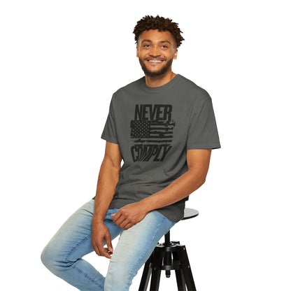 Never Comply T-Shirt — Distressed American Flag Graphic Tee