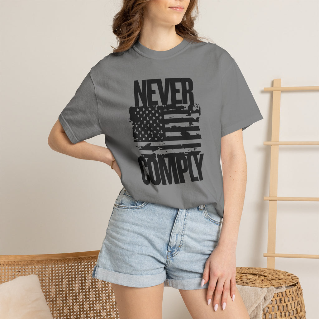 Never Comply T-Shirt — Distressed American Flag Graphic Tee