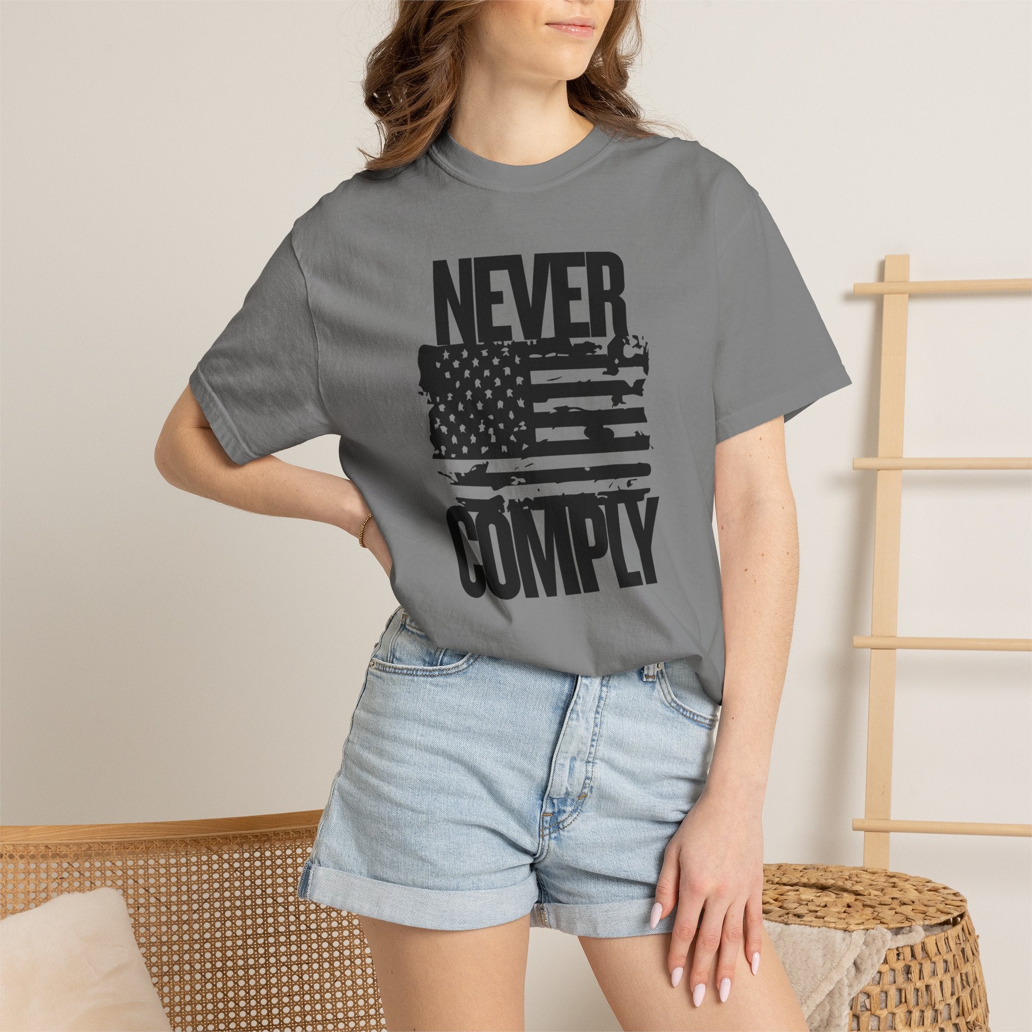 Never Comply T-Shirt — Distressed American Flag Graphic Tee