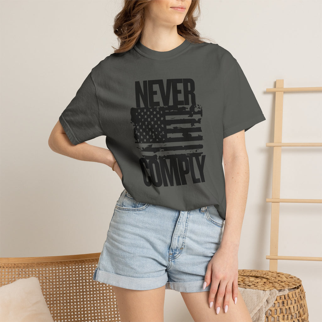 Never Comply T-Shirt — Distressed American Flag Graphic Tee