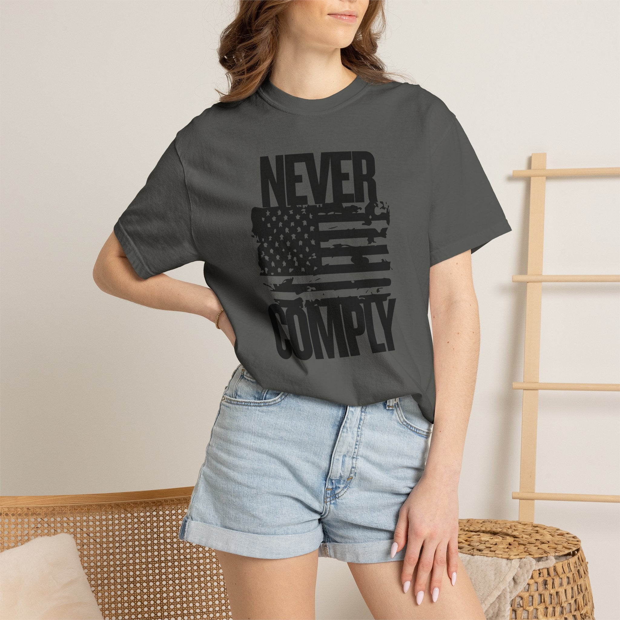 Never Comply T-Shirt — Distressed American Flag Graphic Tee